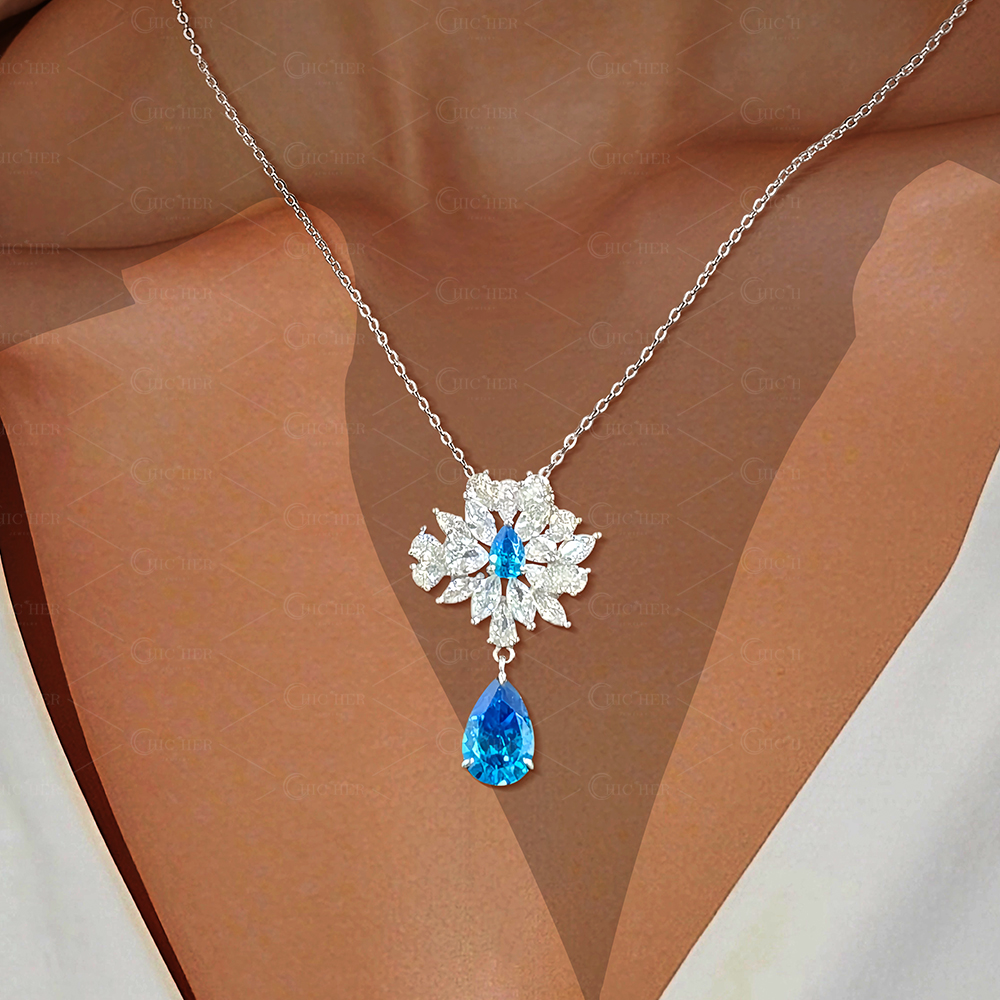 Two-tone Pear&Marquise Cut Aquamarine&White Sapphire Pendant Necklace