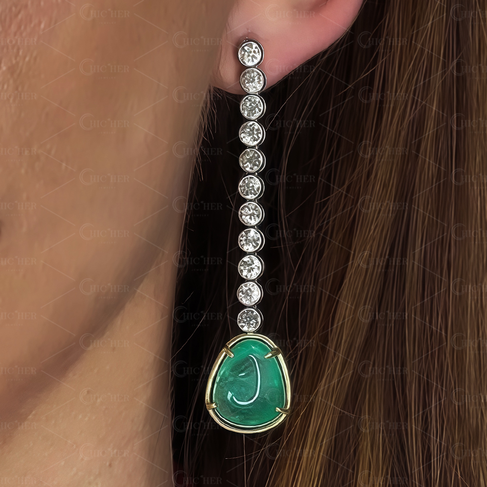 Two-tone Emerald&White Sapphire Dangle Earrings