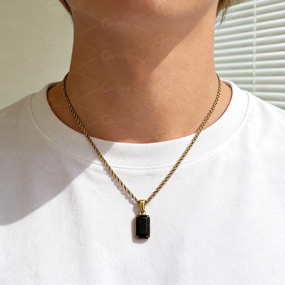 Emerald Cut Black Sapphire Pendant Necklace For Men