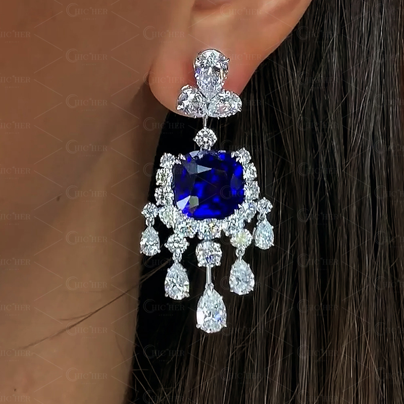 Art Design Blue&White Sapphire Dangle Earrings