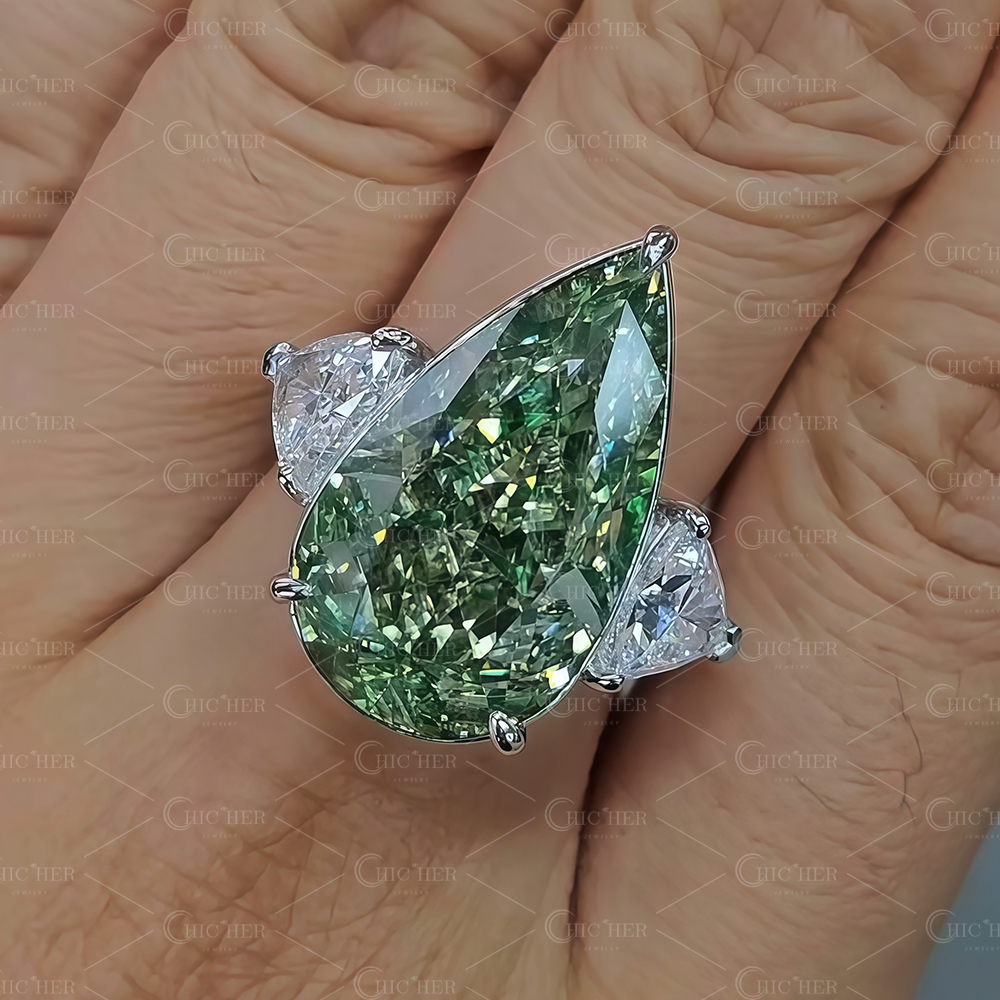 5ct Three-stone Pear Cut Green Ice Dapple Sapphire Engagement Ring