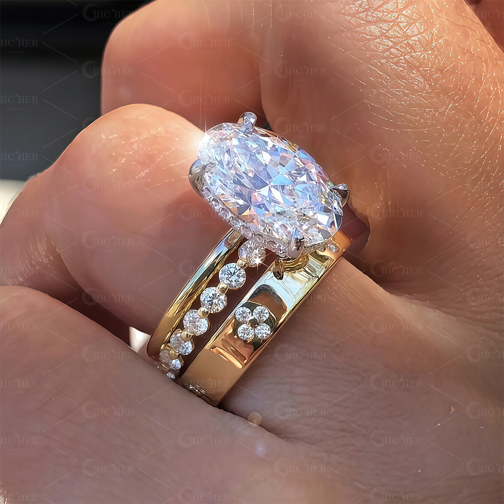 5ct Under Halo Oval Cut White Sapphire Wedding Set/3pcs