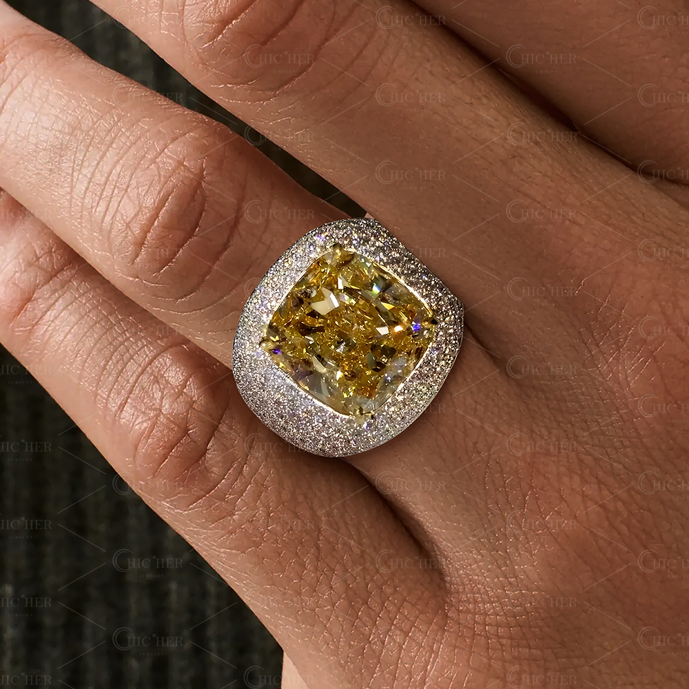 12.35ct Cushion Cut Yellow Sapphire Pave Men's Ring