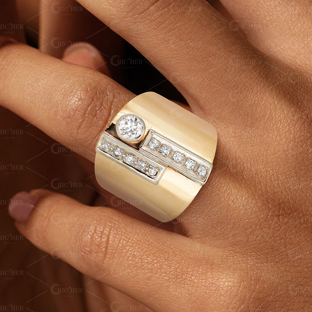 3.25ct Round Cut White Sapphire Vintage Cigar Wide Band