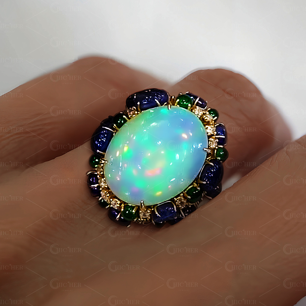 15ct Halo Oval Cut Opal Cocktail Ring