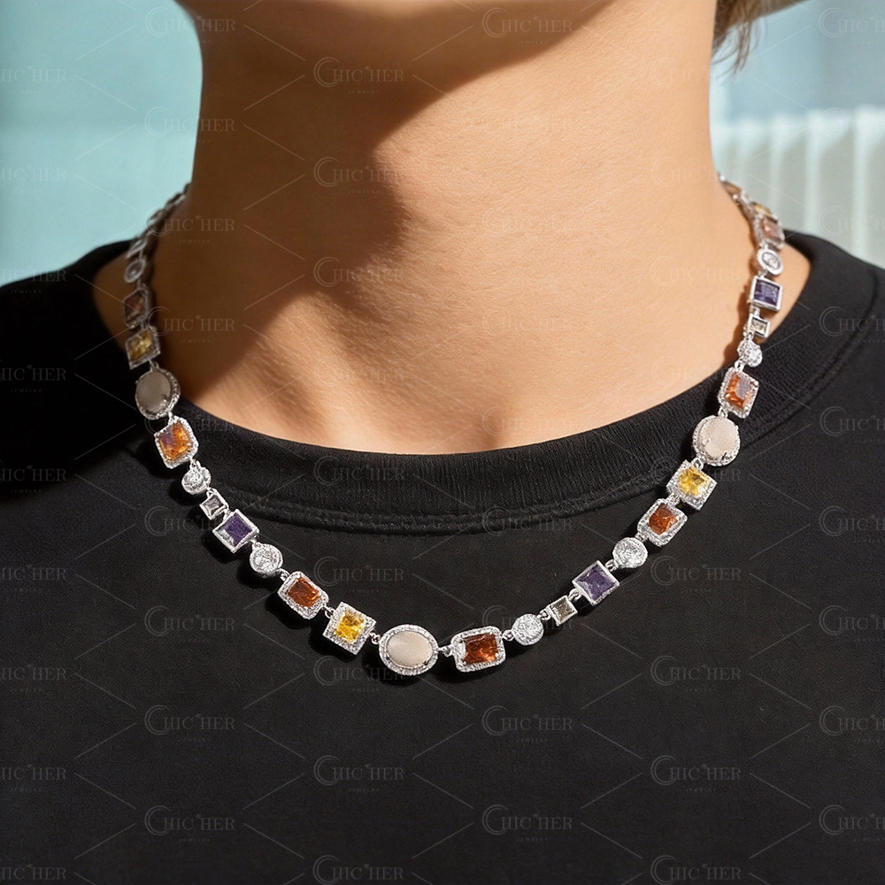 Mulit-Cut Opal&Rainbow Sapphire Men Necklace