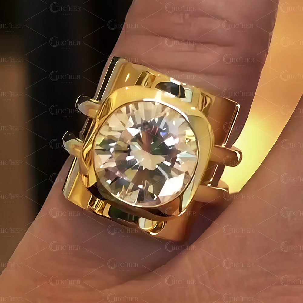 5ct Bezel Setting Round Cut White Sapphire Wide Shank Men's Ring