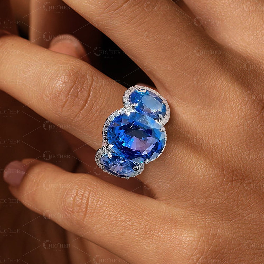 Fashion 7ct Three-stone Oval Cut Blue Sapphire Engagement Ring