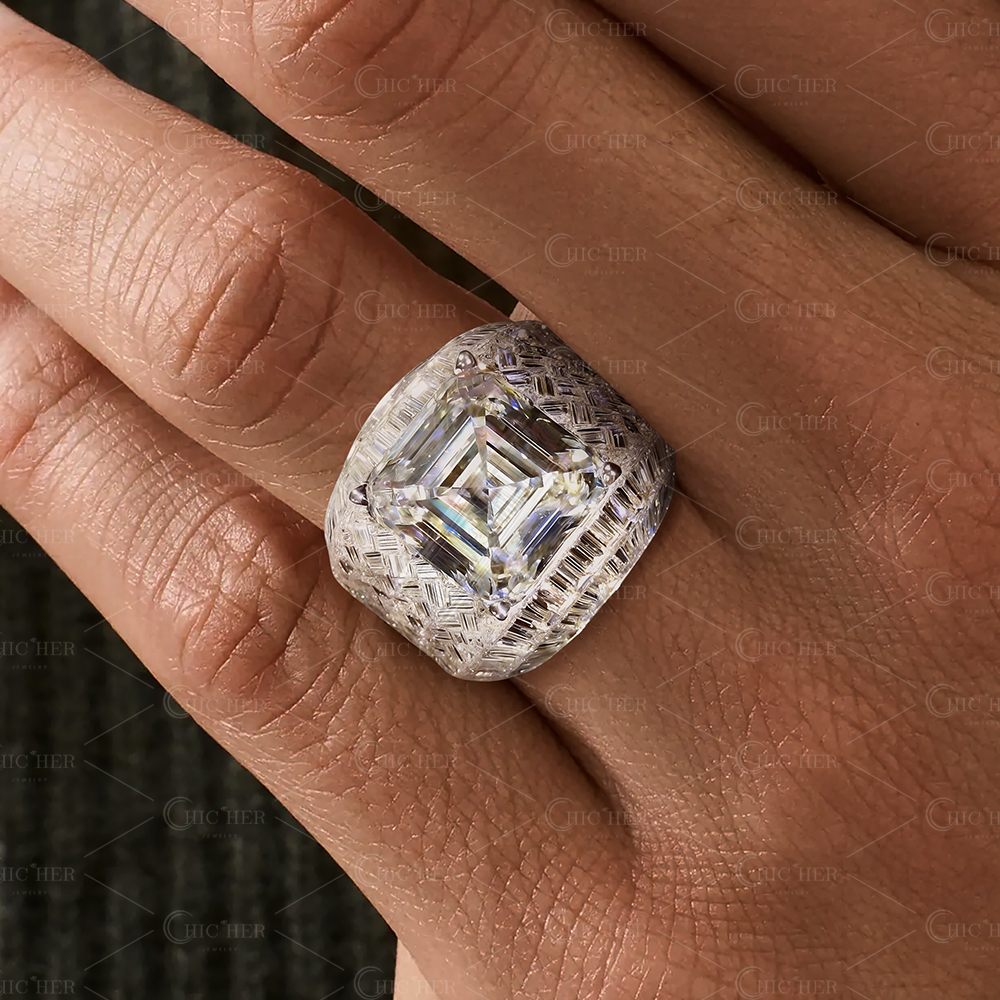 Sparkling 10ct Asscher Cut White Sapphire Men's Hip Hop Ring