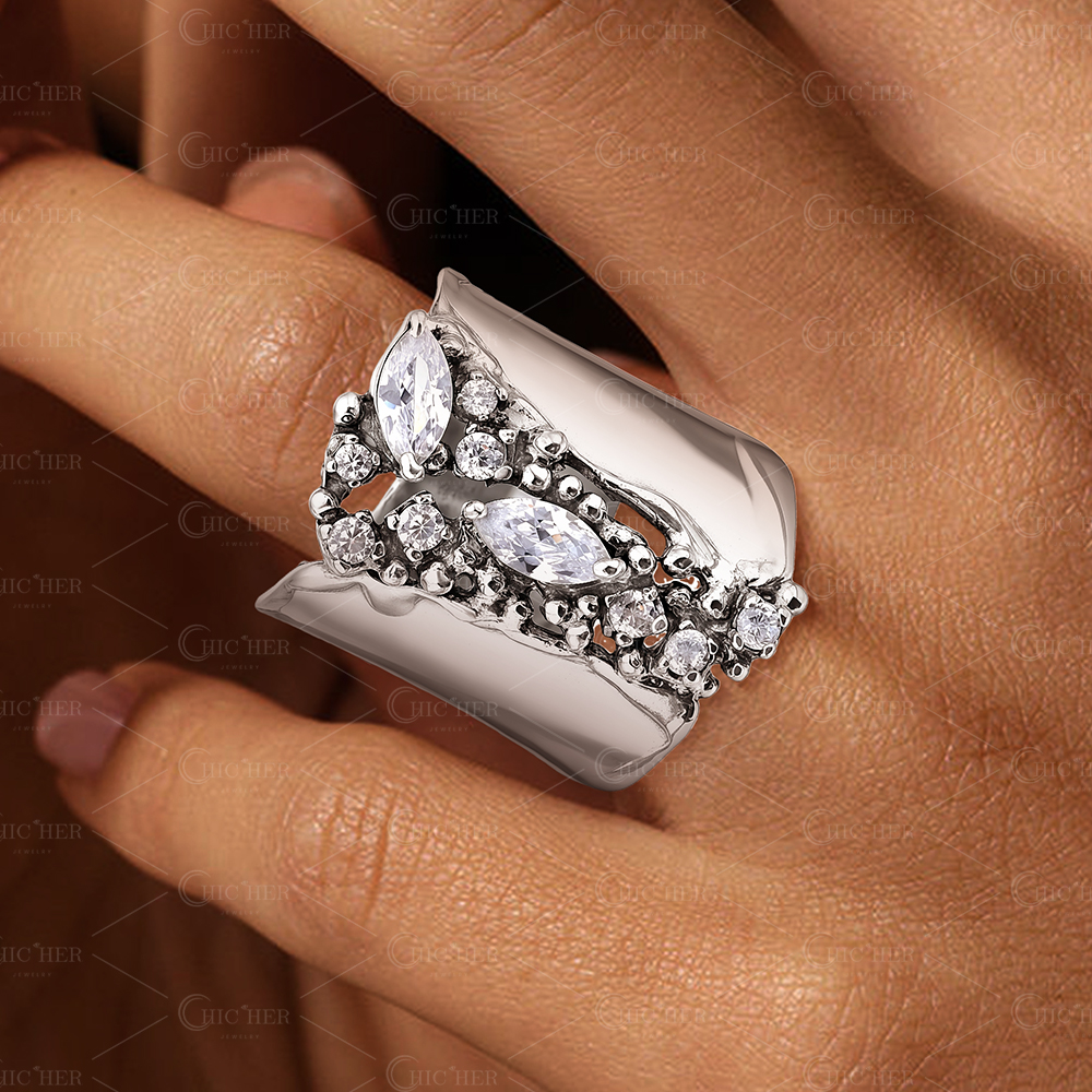 2.85ct Marquise&Round Cut White Sapphire Shield Ring