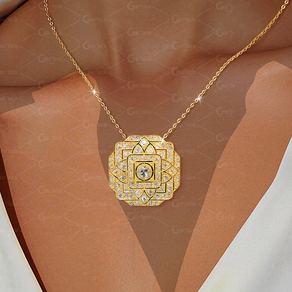 Art Deco Round Cut White Sapphire Pendant Necklace For Women