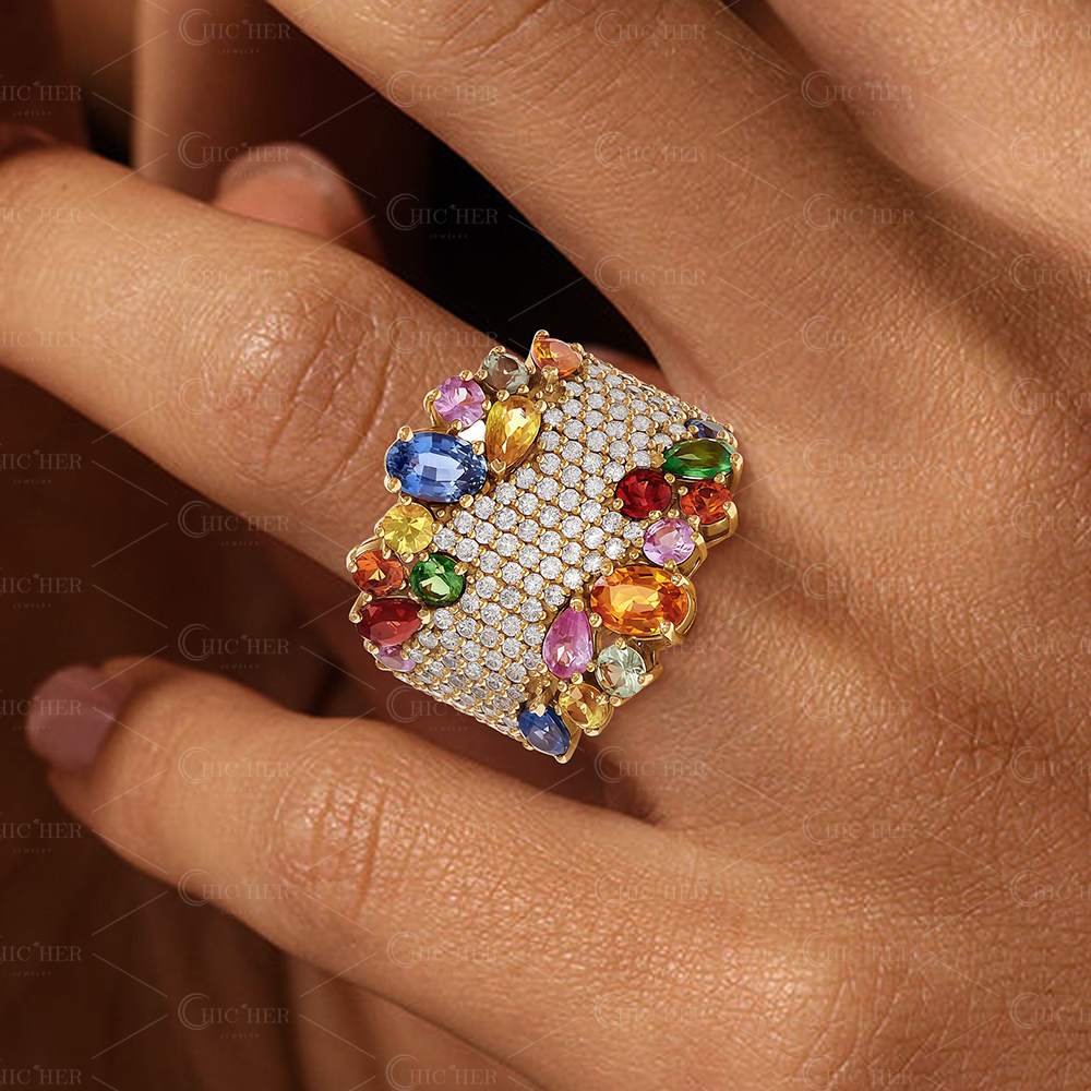 9.55ct Multi-cut Rainbow Sapphire&Diamond Cocktail Ring