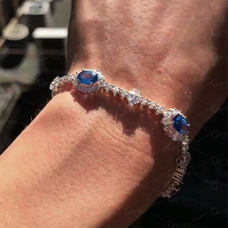 Oval&Round Cut Two-tone Sapphire Chain Bracelet