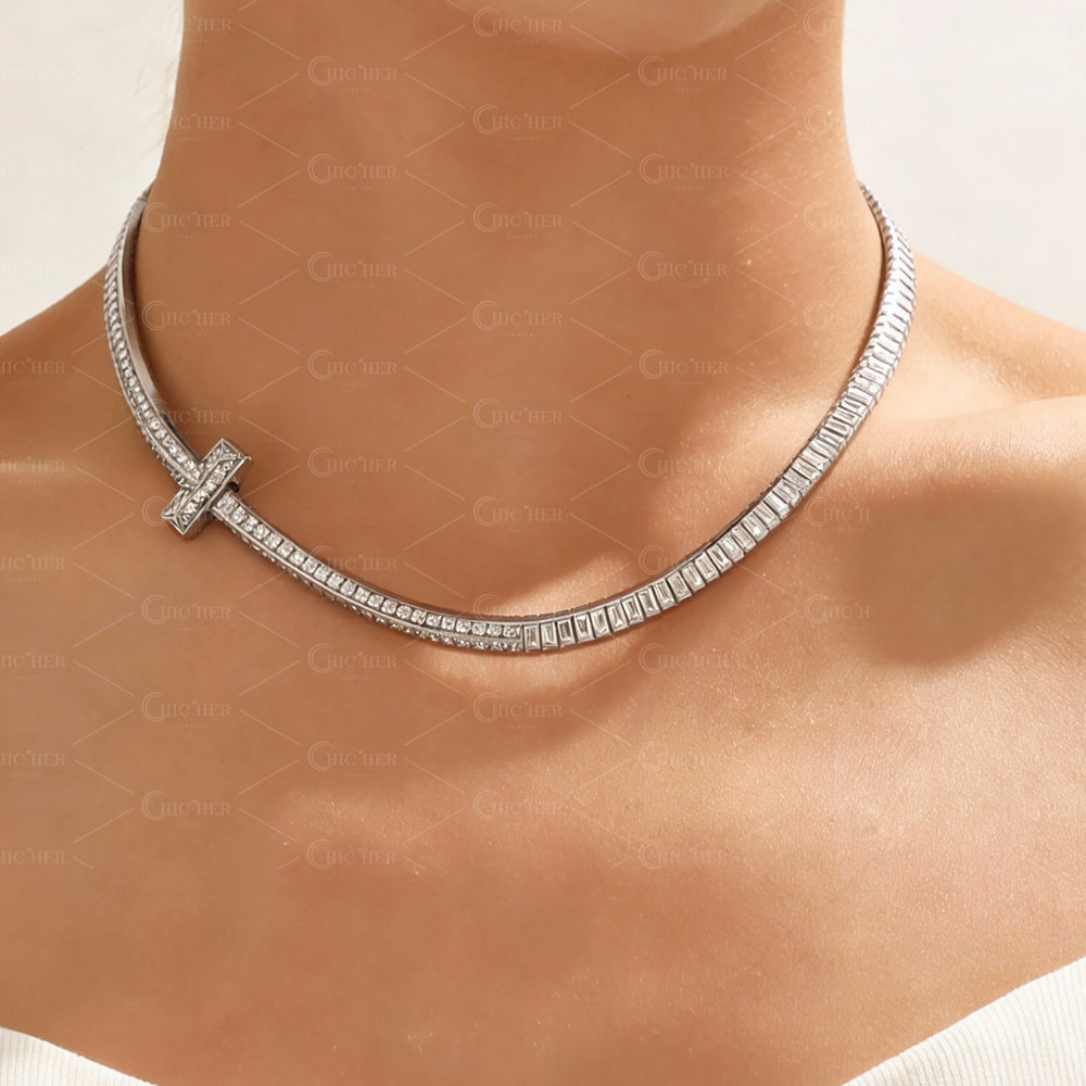 Baguette Cut White Sapphire Tennis Wedding Necklace
