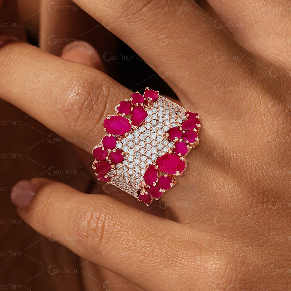 6.45ct Clustered Multi-cut Ruby&White Sapphire Cocktail Ring