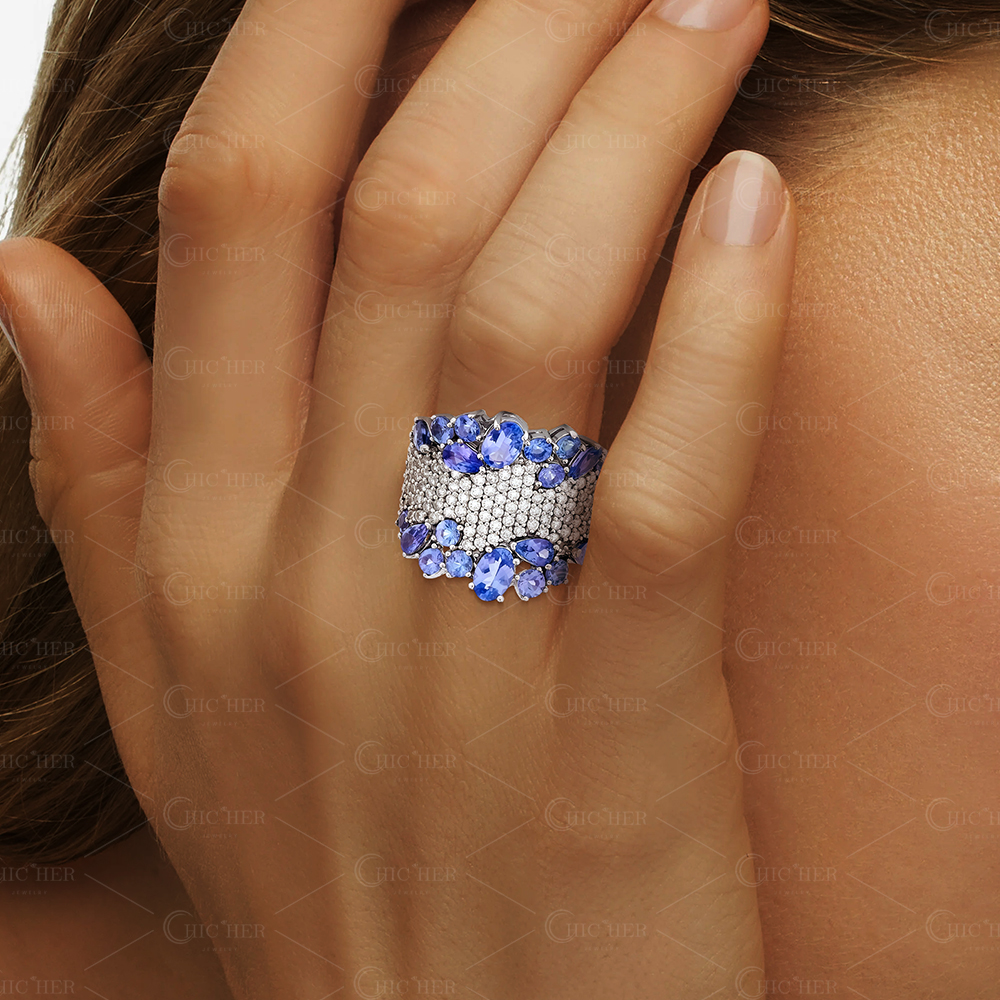 9.48ct Two-tone Blue&White Sapphire Cocktail Ring