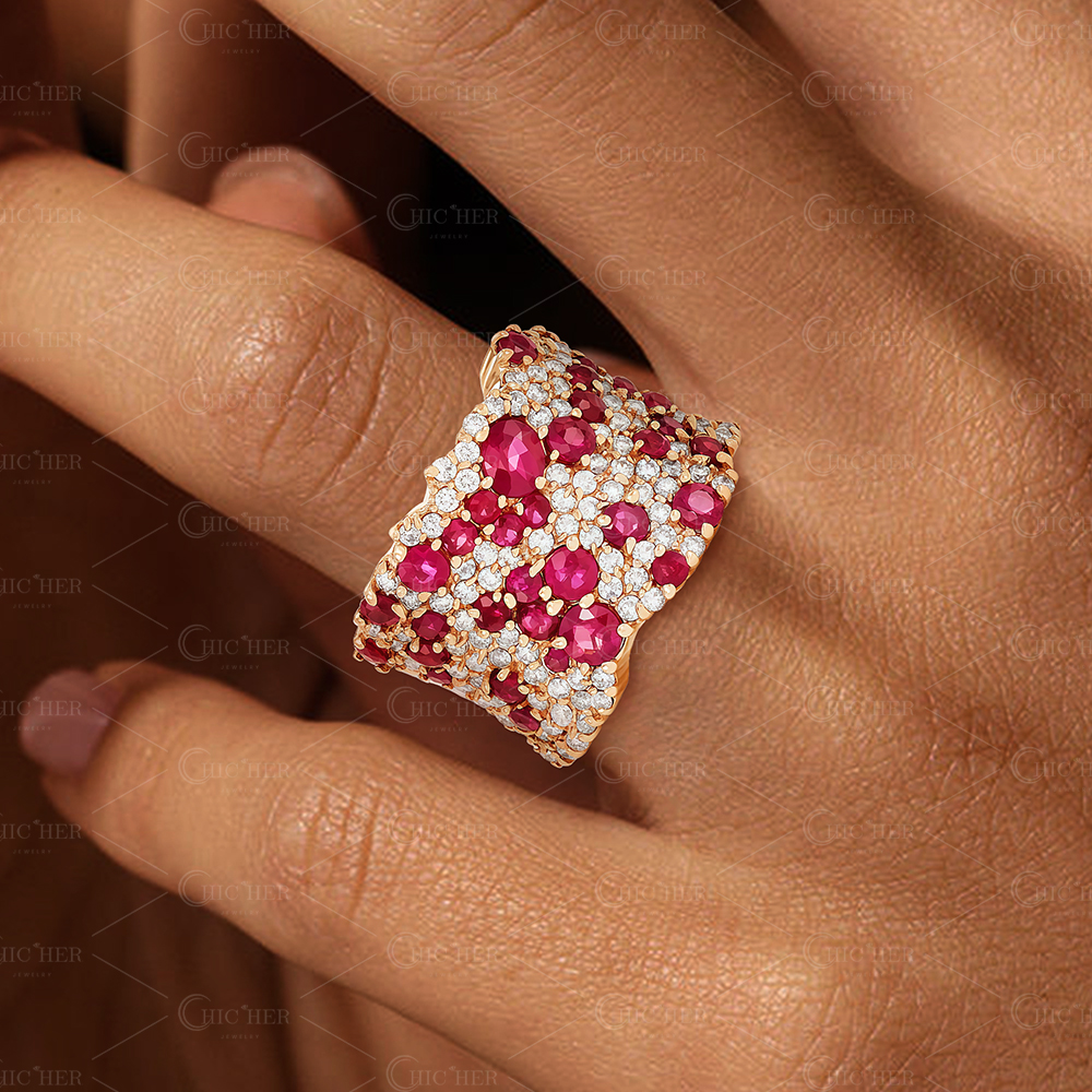 6.65ct Round&Oval Cut Ruby Sapphire&Diamond Cocktail Ring