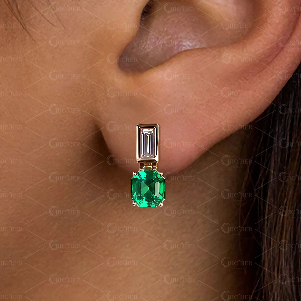 Emerald&Asscher Cut White&Emerald Sapphire Drop Earrings
