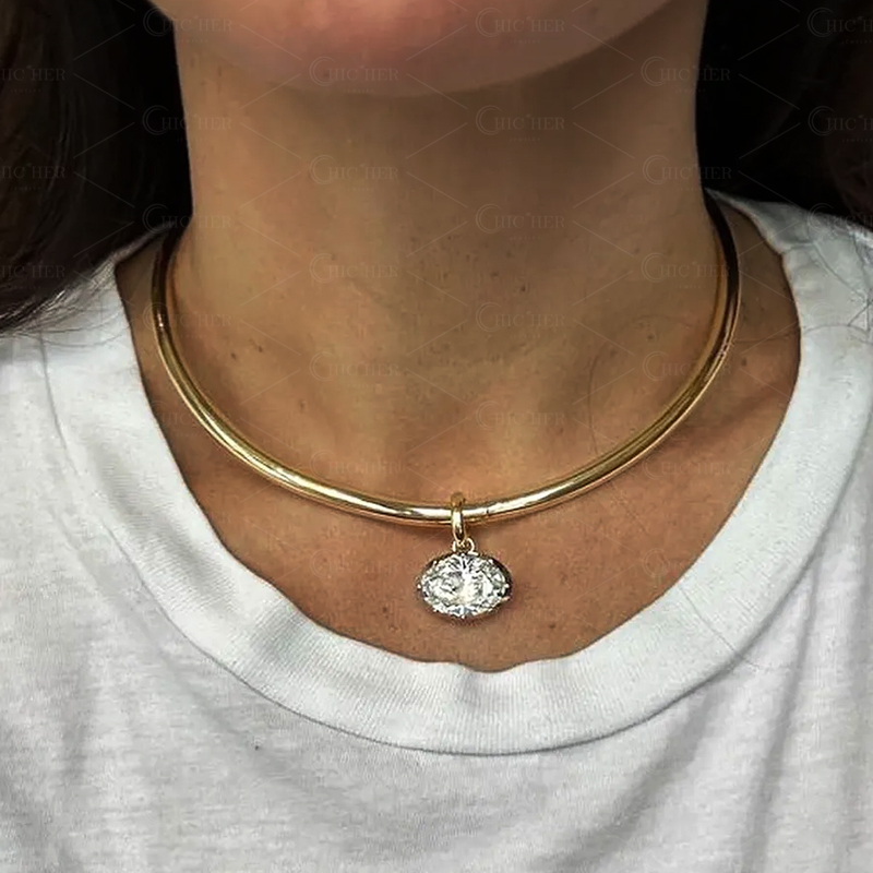 Oval Cut Diamond Bezel Setting Torque Necklace