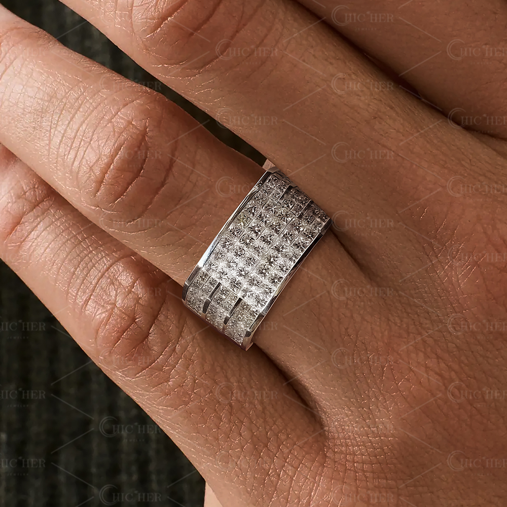 5.45ct Men's Invisibile Setting Princess Cut Wide Band