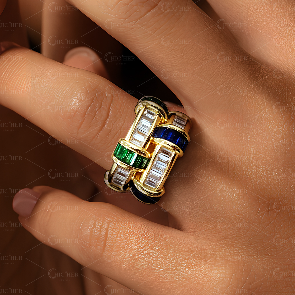 Fashion 2ct Emerald Cut Three-Tone Wedding Band