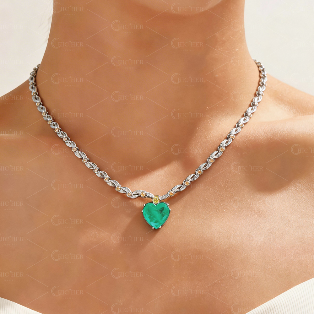 Stunning Heart Cut Emerald Sapphire Pendant Necklace
