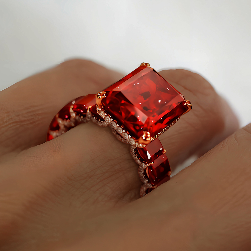 6ct Under Halo Emerald Cut Ruby Sapphire Engagement Ring