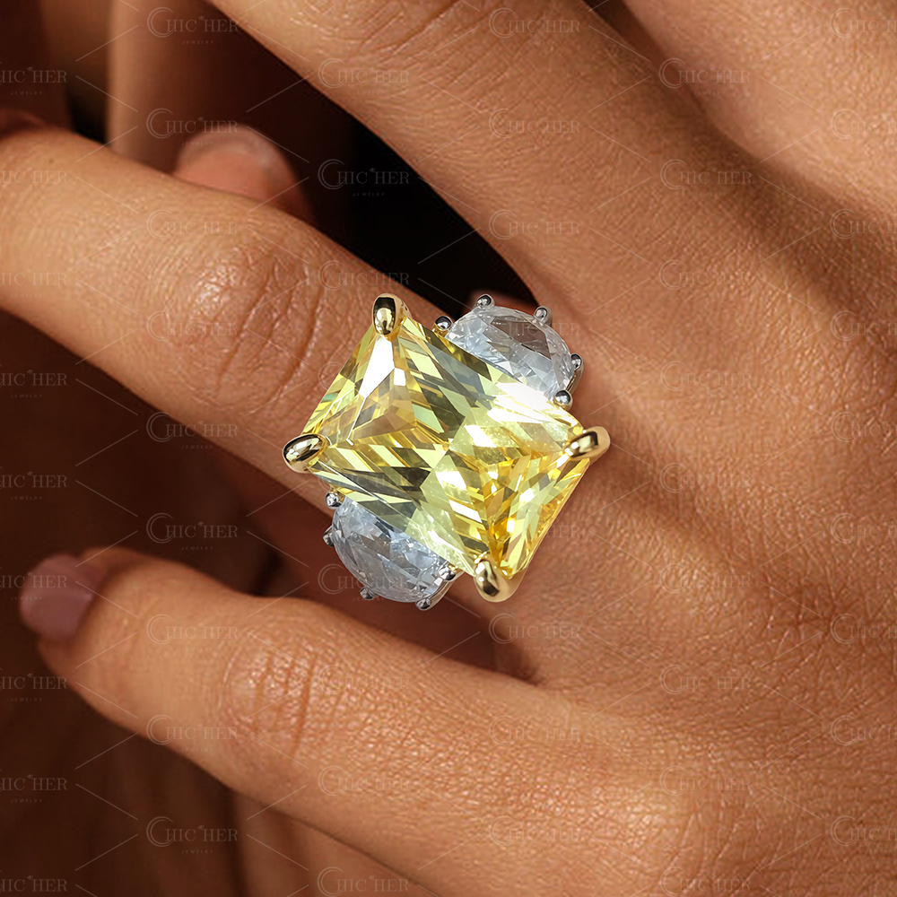 7ct Three-stone Radiant Cut Yellow Sapphire Engagement Ring