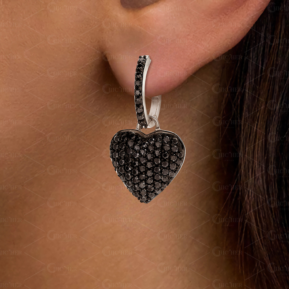 Micro-pave Setting Black Sapphire Heart Dangle Earrings