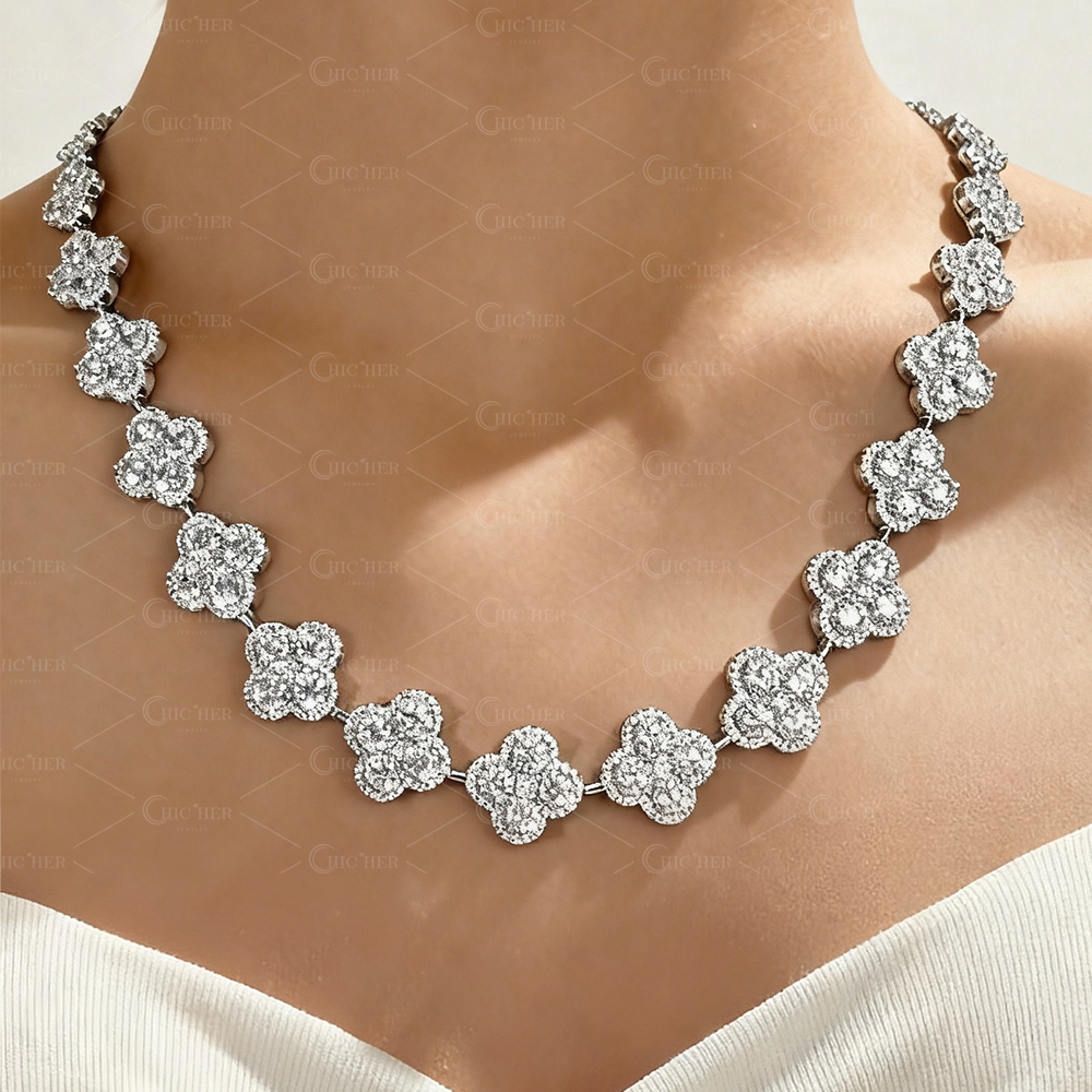 Round Cut Cluster Clover White Sapphire Necklace
