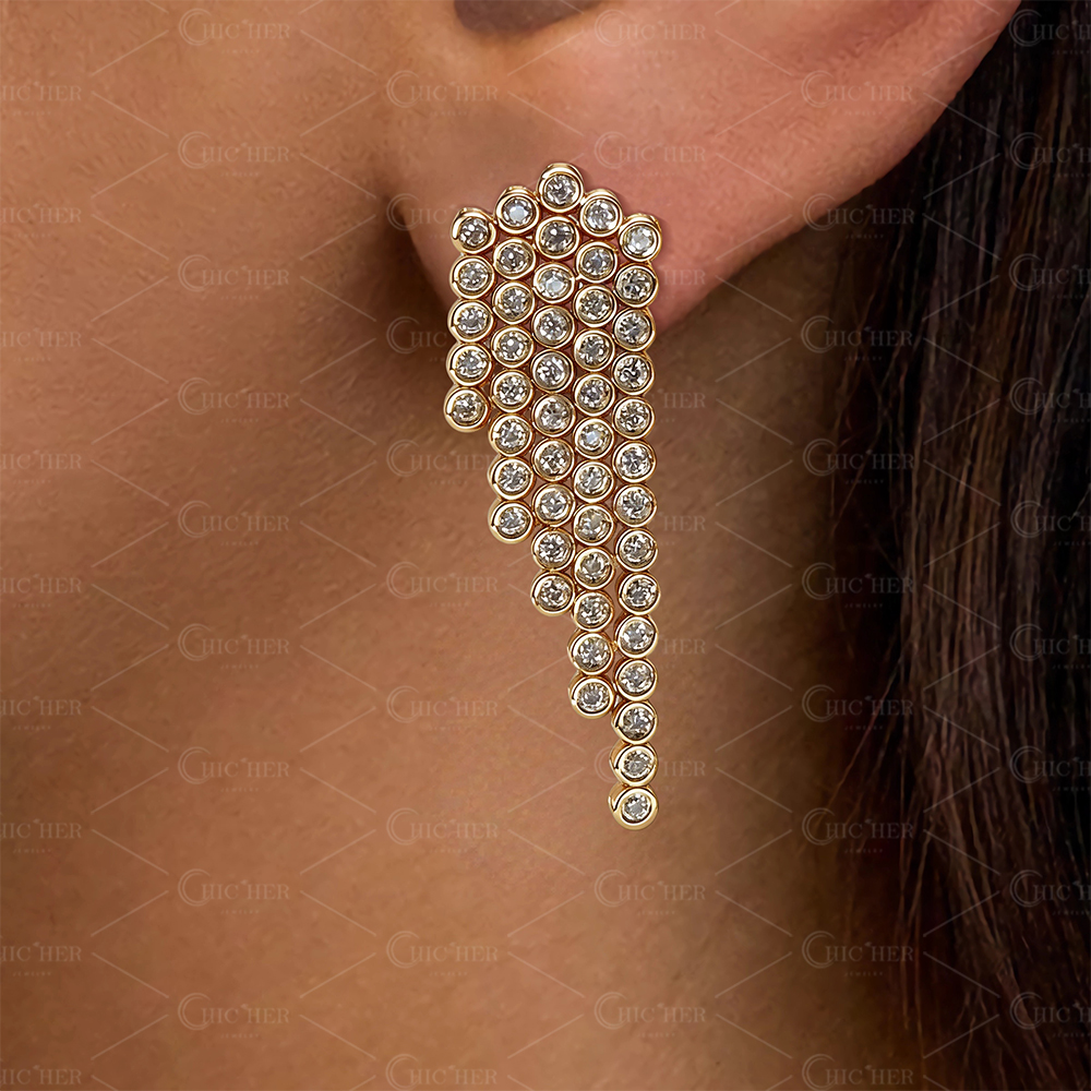 Round Cut Bezel Setting Five Lines Diamond Dangle Earrings