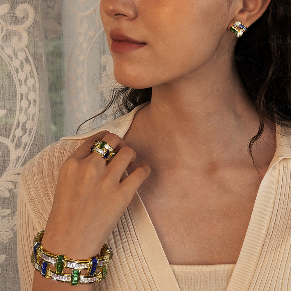 Basket Weave Design Three Tone Gems Jewelry Set/3pcs