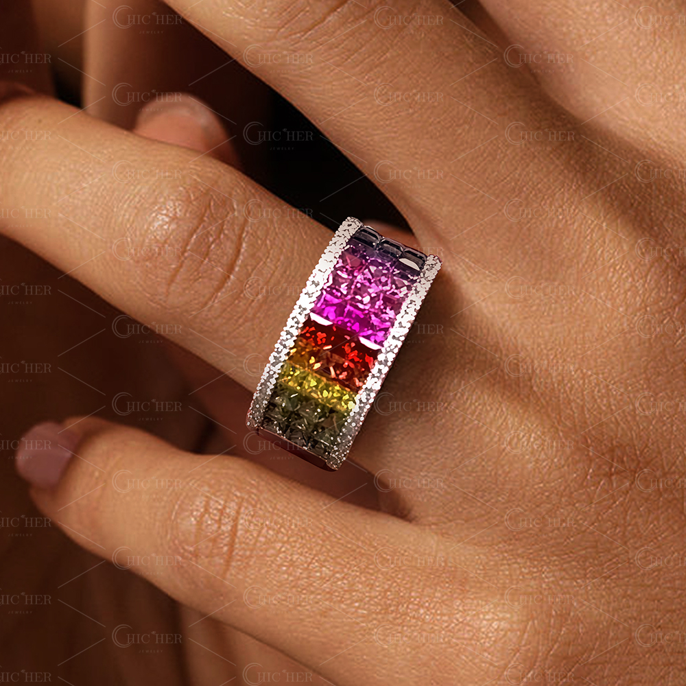 3.25ct Three Row Princess Cut Rainbow Sapphire Eternity Ring