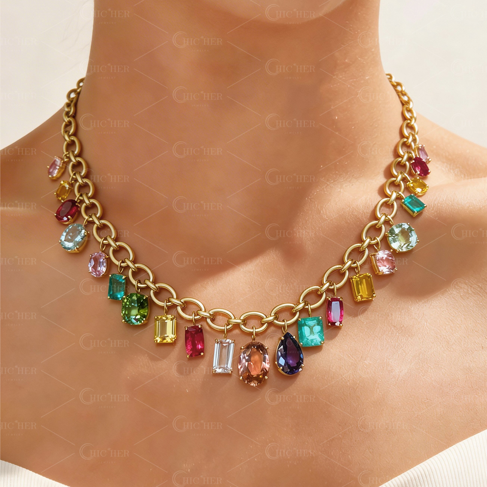 Multi-cut Rainbow Sapphire Chain Pendant Necklace