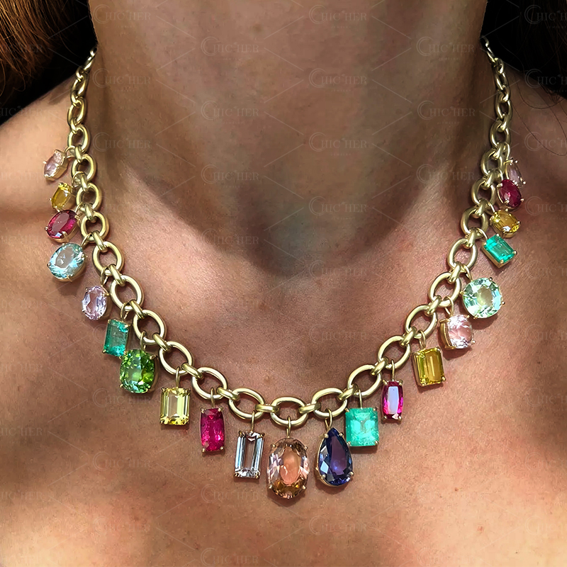 Multi-cut Rainbow Sapphire Chain Pendant Necklace