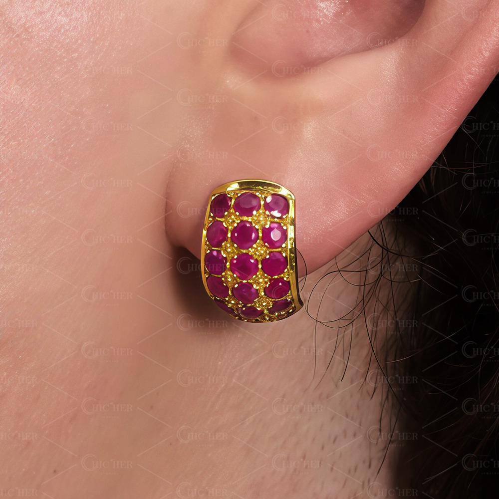 Pavé Setting Round Cut Ruby Sapphire Hoop Earrings