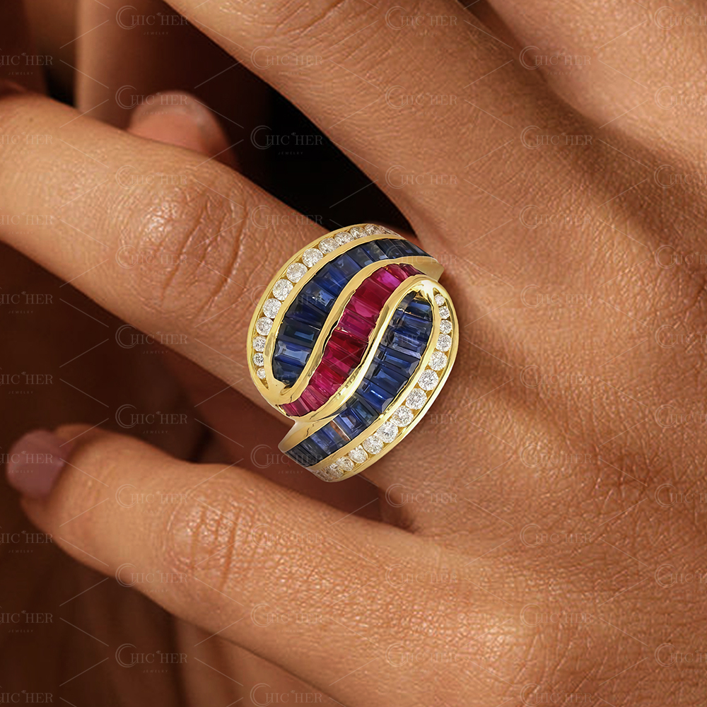 Baguette&Round Cut Multi-color Cluster Cocktail Ring