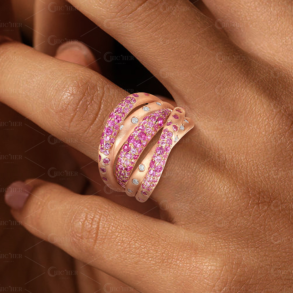 1.58ct Scattered Diamond&Pink Sapphire Multi Row Crossover Ring