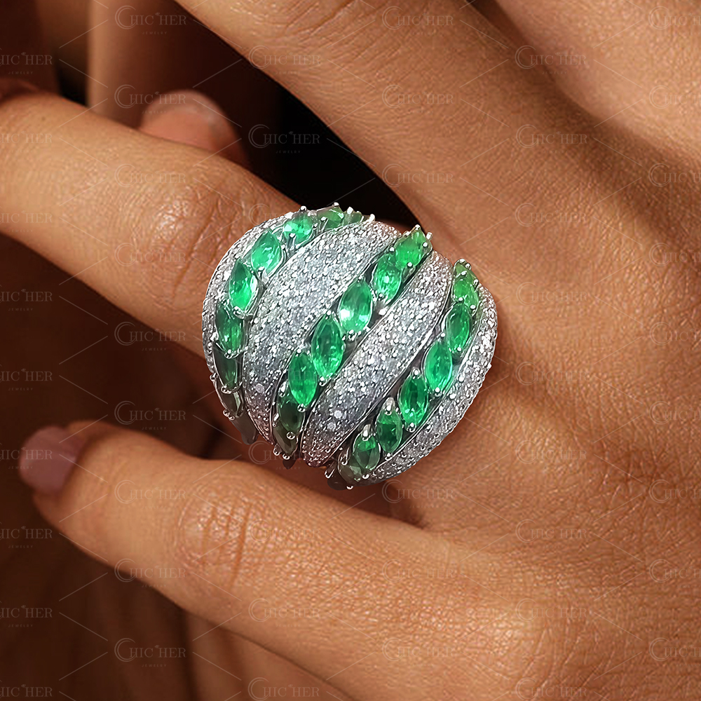 9.85ct Two-Stone Marquise&Round Cut Six Row Cocktail Ring