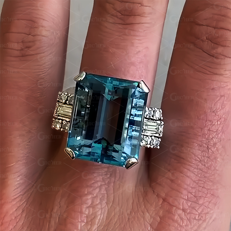 7ct Emerald Cut Aquamarine Sapphire Engagement Ring