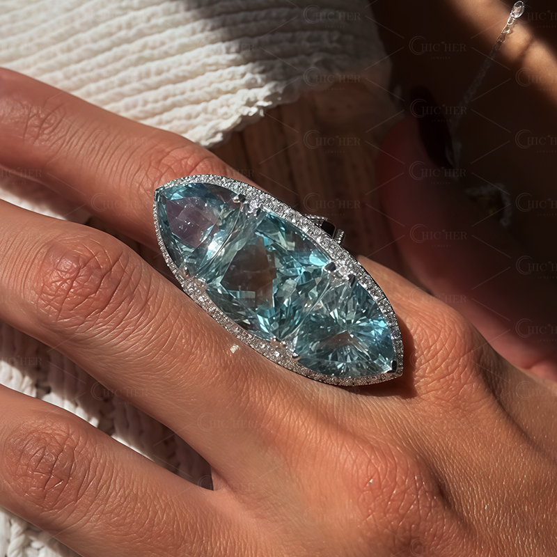 13ct Halo Cushion&Trillion Cut Aquamarine Cocktail Ring