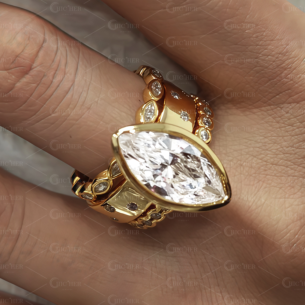 Bezel Setting 4ct Marquise Cut White Sapphire Wedding Set/3pcs