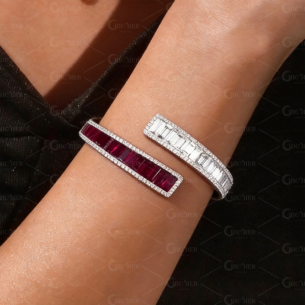 Baguette&Round Cut Ruby&Diamond Open Bangle Bracelet