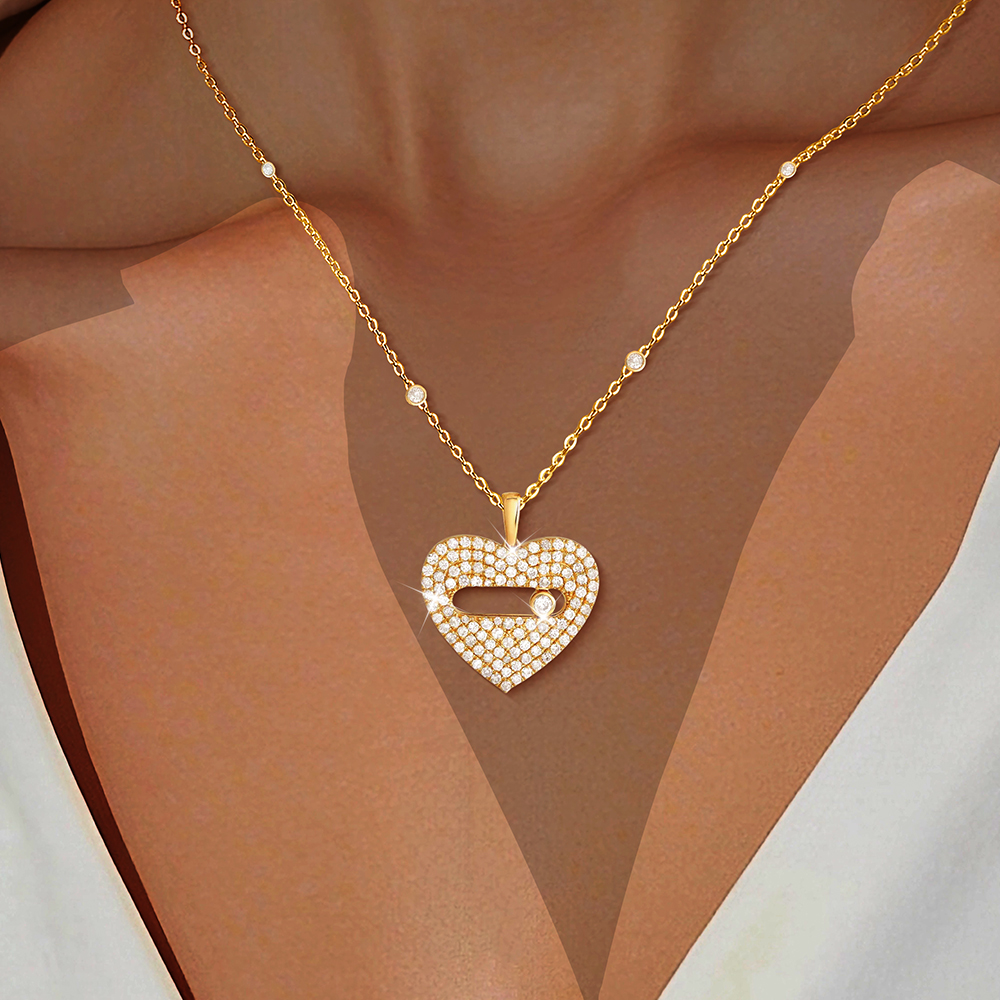 Round Cut Diamond Pave Setting Heart Pendant Necklace
