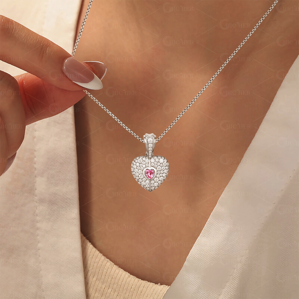 Fashion Two-tone Pink&Diamond Heart Pendant Necklace