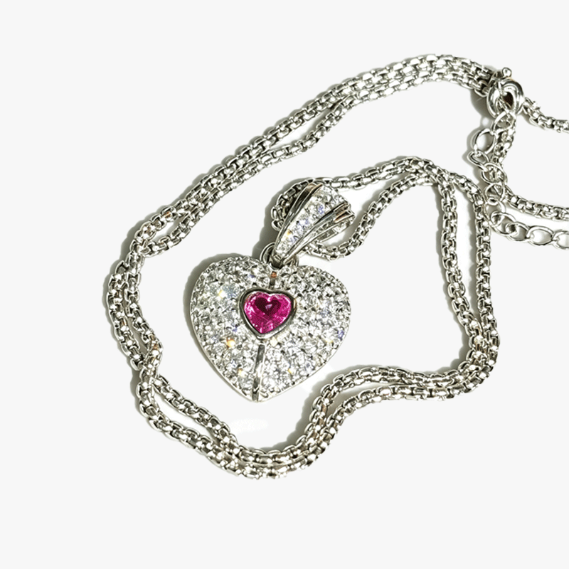 Fashion Two-tone Pink&Diamond Heart Pendant Necklace