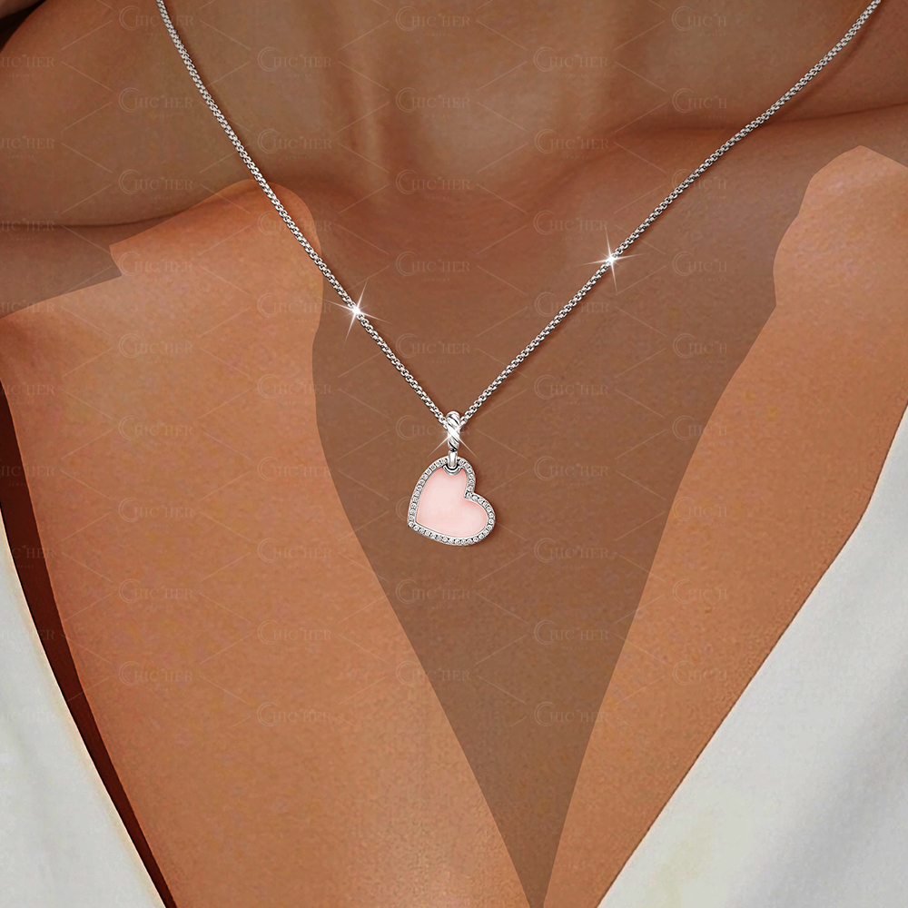 Pink Opal&Diamond Heart Shape Pendant Necklace