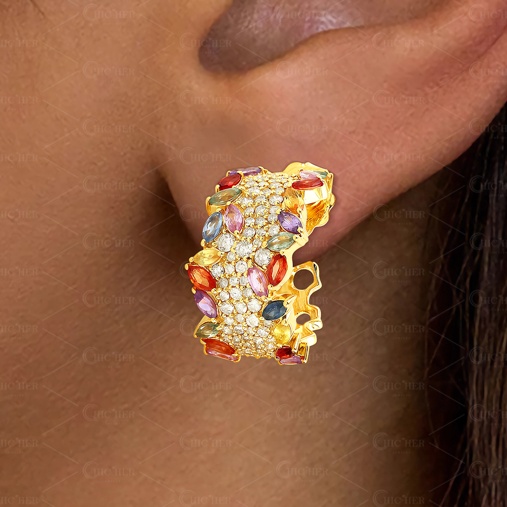 Marquise&Round Cut Rainbow Sapphire Diamond Hoop Earrings