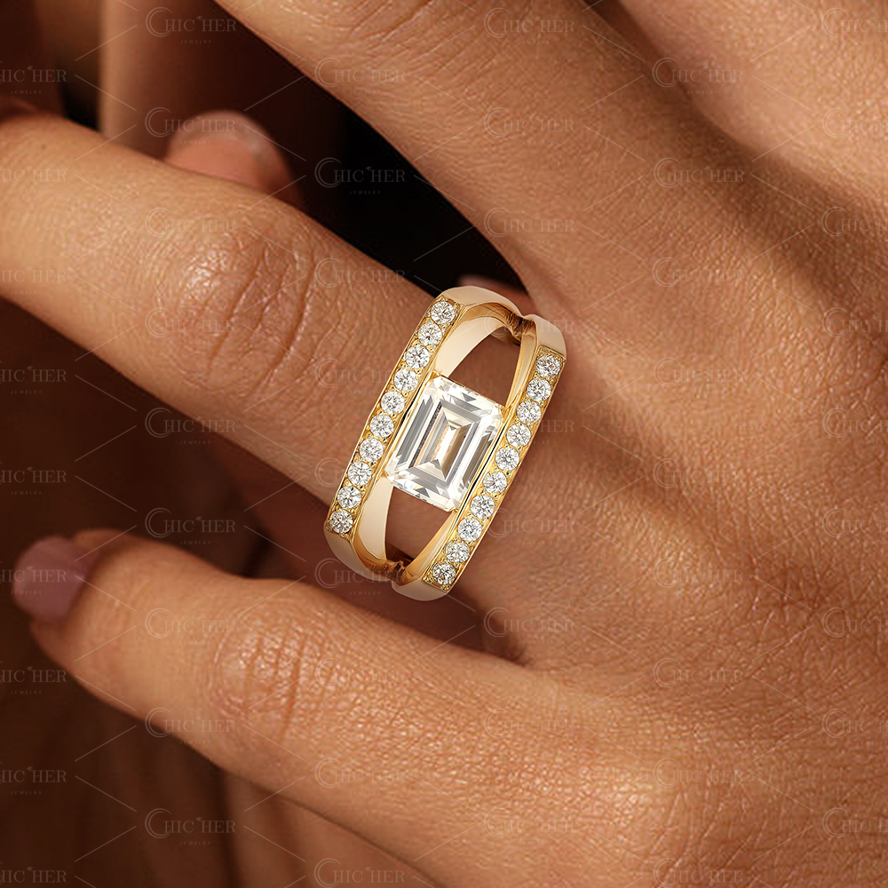 1.5ct Emerald Cut Channel Setting Split Shank Engagement Ring