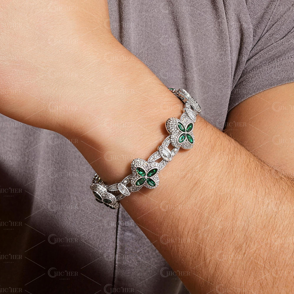 Men's Pave Setting Marquise Cut Emerald Sapphire Clover Bracelet
